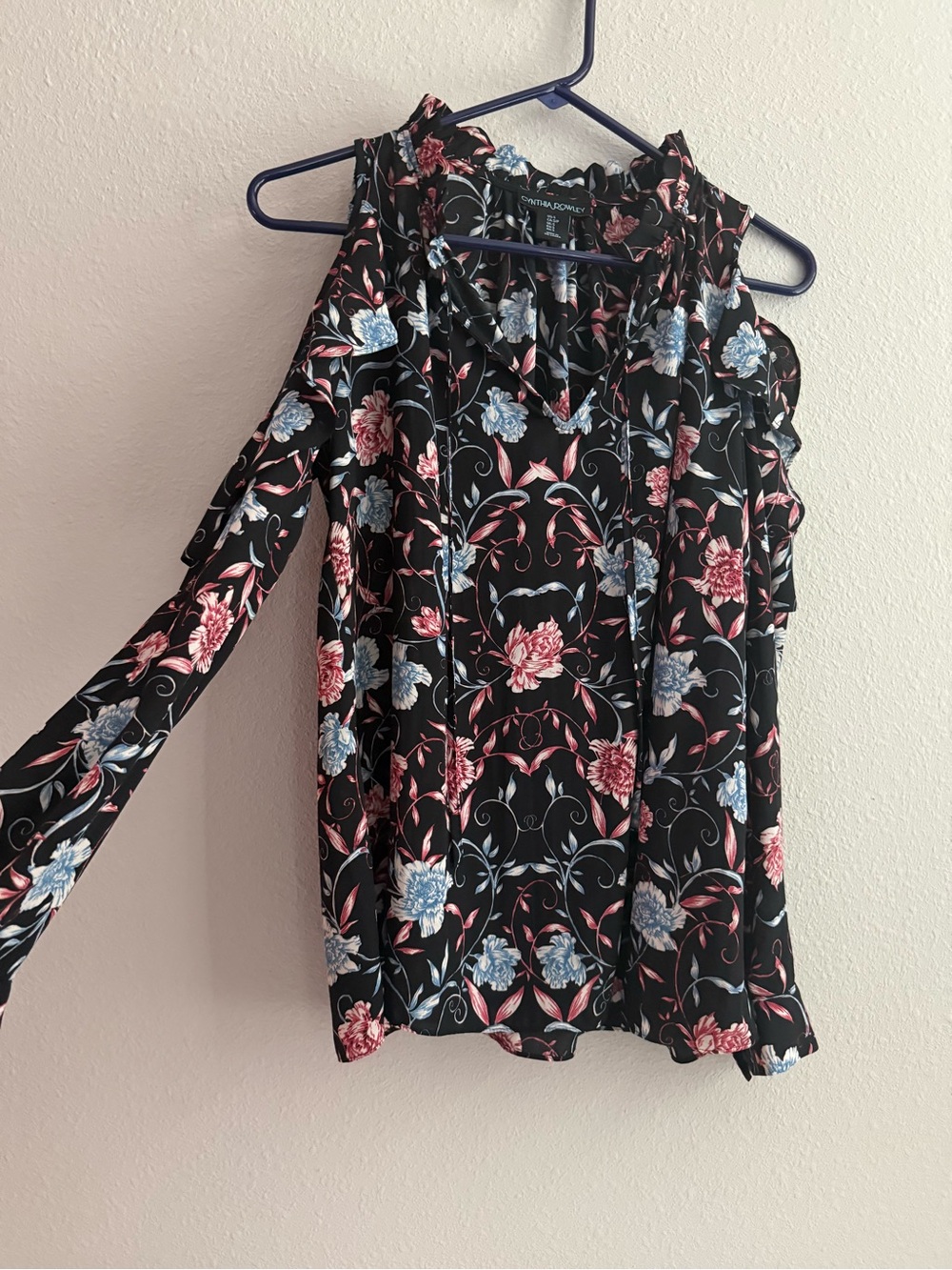 Cynthia Rowley Black Blouse with Pink & Light Blue Floral Print